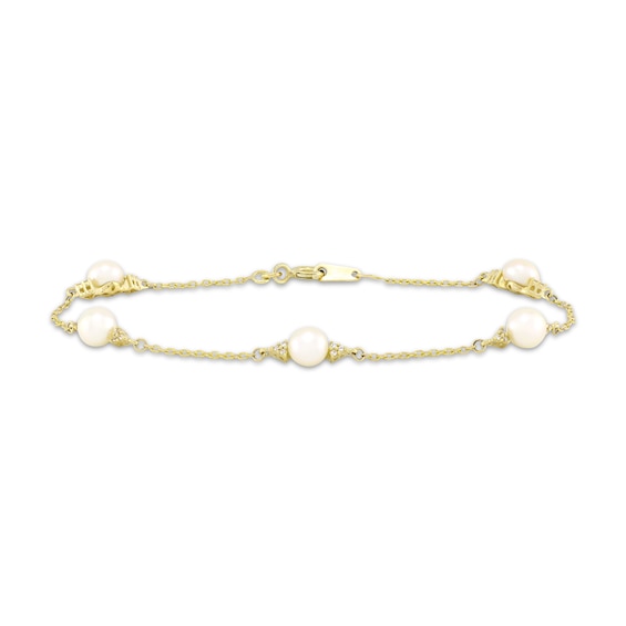 Cultured Pearl & Diamond Station Bracelet 1/15 ct tw 10K Yellow Gold 7.25"