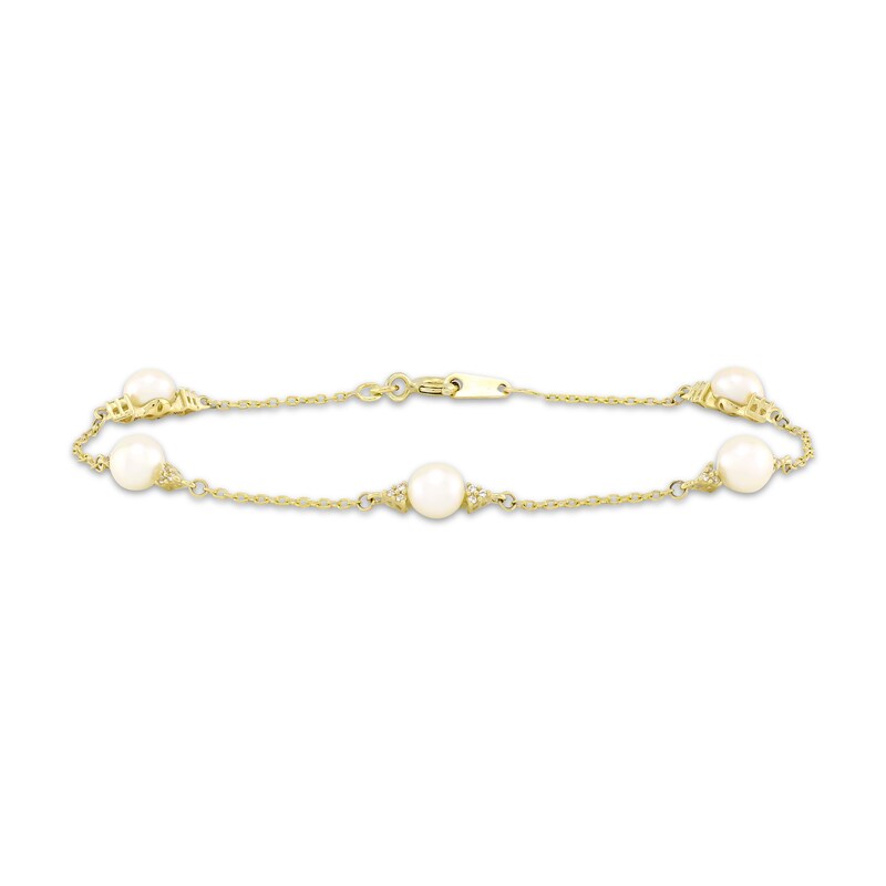 Main Image 1 of Cultured Pearl & Diamond Station Bracelet 1/15 ct tw 10K Yellow Gold 7.25&quot;
