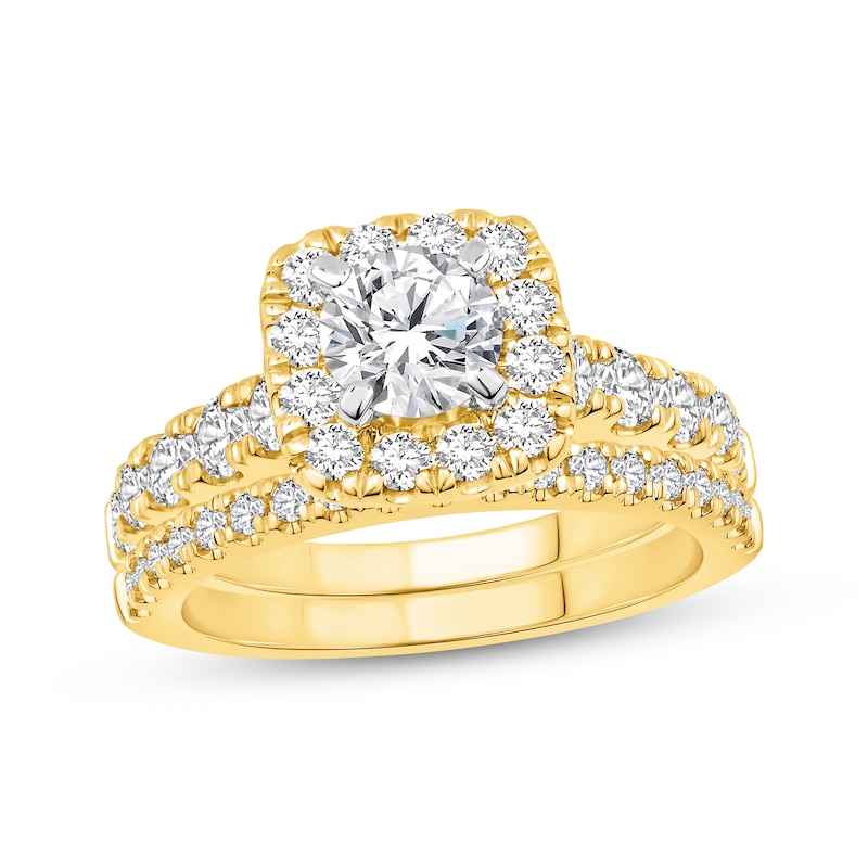 Main Image 1 of Certified Round-Cut Diamond Cushion-Shaped Halo Bridal Set 2-1/6 ct tw 14K Two-Tone Gold