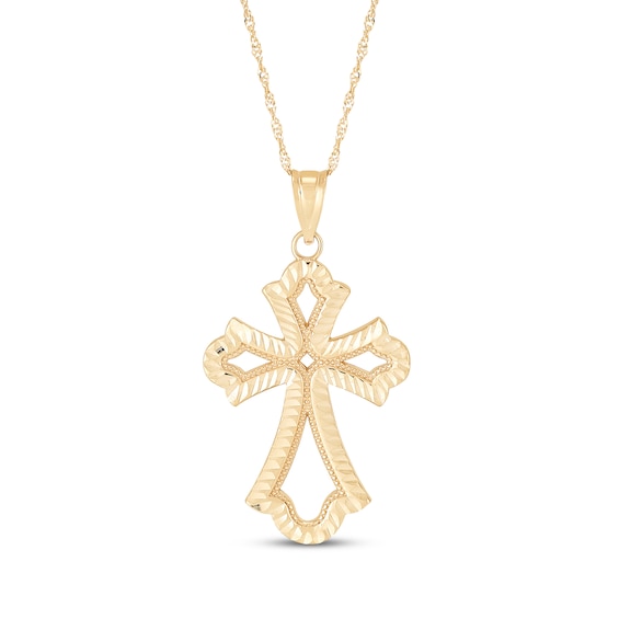 Diamond-Cut Fleur-de-Lis Cross Necklace 10K Yellow Gold 18"