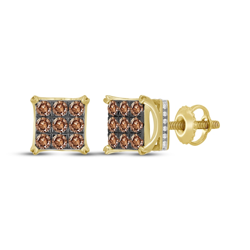 Main Image 1 of Men's Brown Diamond Square Stud Earrings 1 ct tw 10K Yellow Gold