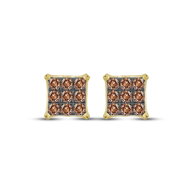 Main Image 2 of Men's Brown Diamond Square Stud Earrings 1 ct tw 10K Yellow Gold