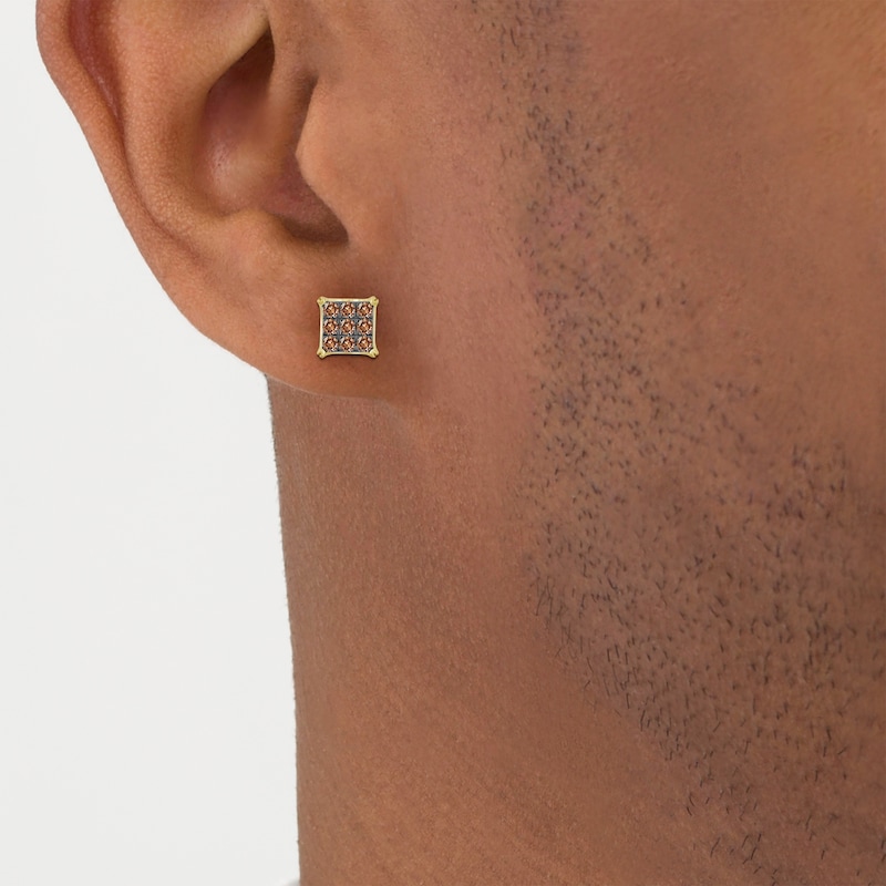 Main Image 3 of Men's Brown Diamond Square Stud Earrings 1 ct tw 10K Yellow Gold