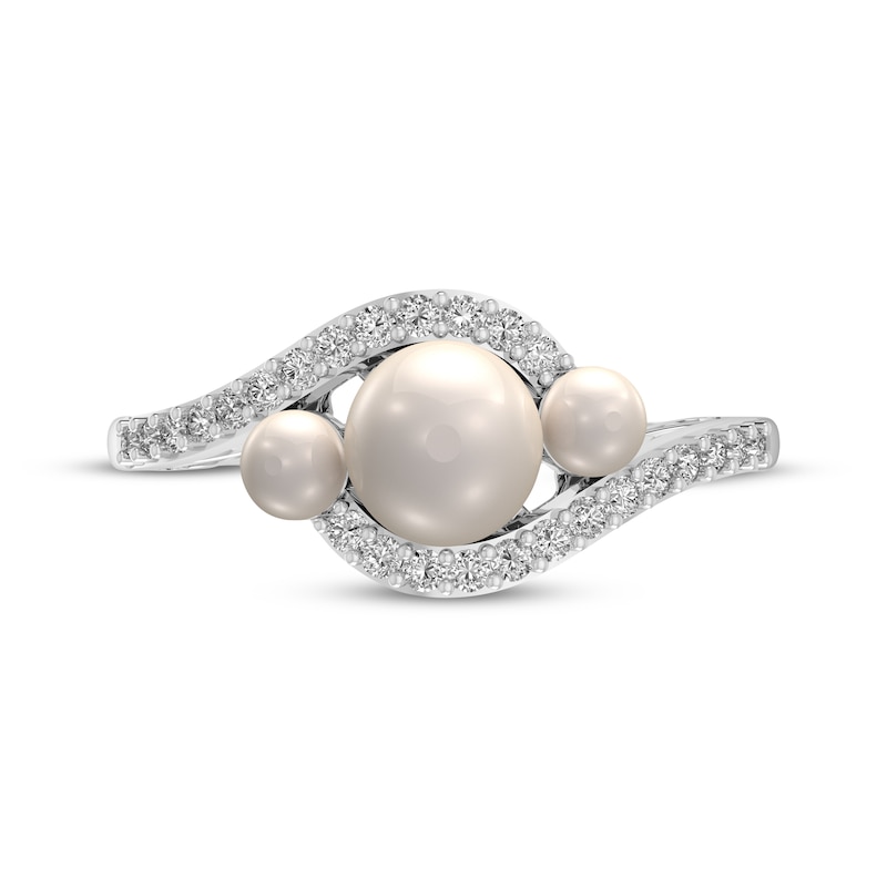 Main Image 3 of Cultured Pearl & White Lab-Created Sapphire Three-Stone Bypass Ring Sterling Silver