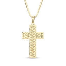 Men's Herringbone Textured Cross Necklace 18K Yellow Gold-Plated Sterling Silver 22"