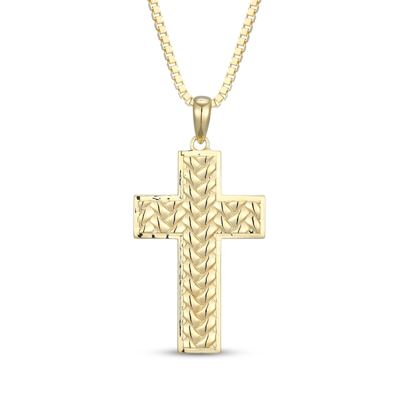 Main Image 1 of Men's Herringbone Textured Cross Necklace 18K Yellow Gold-Plated Sterling Silver 22"