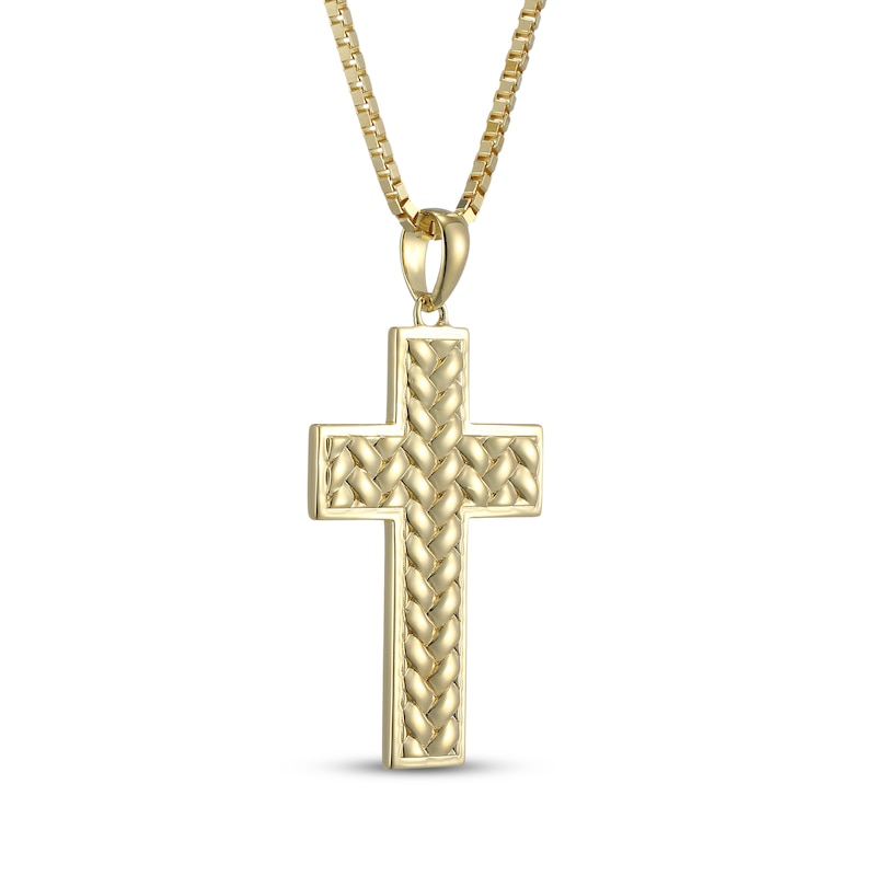 Main Image 2 of Men's Herringbone Textured Cross Necklace 18K Yellow Gold-Plated Sterling Silver 22"
