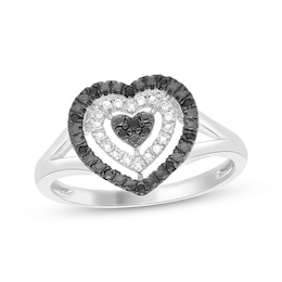 Black & White Multi-Diamond Heart Fashion Ring 1/10 ct tw Sterling Silver