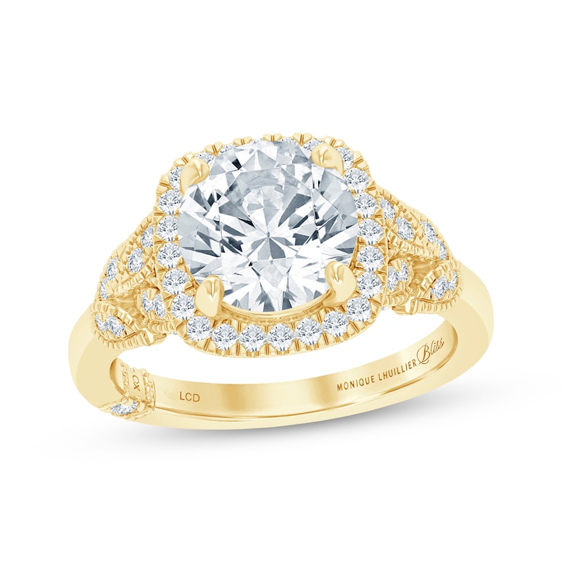 Main Image 1 of Monique Lhuillier Bliss Round-Cut Lab-Grown Diamond Cushion Halo Engagement Ring 2-1/3 ct tw 18K Yellow Gold