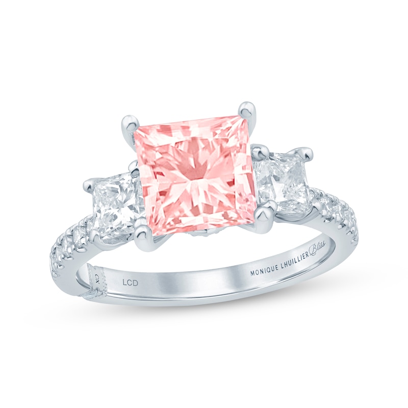 Main Image 1 of Monique Lhuillier Bliss Princess-Cut Pink & White Lab-Grown Diamond Three-Stone Engagement Ring 3 ct tw 18K White Gold