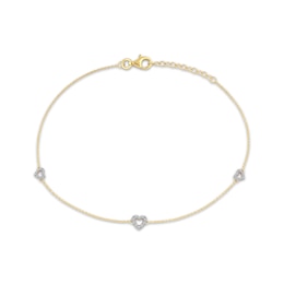 Diamond Heart Outline Station Anklet 1/8 ct tw 10K Yellow Gold 10"
