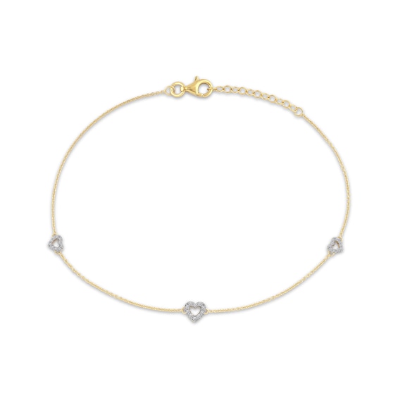 Diamond Heart Outline Station Anklet 1/8 ct tw 10K Yellow Gold 10"