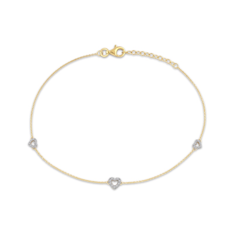 Main Image 1 of Diamond Heart Outline Station Anklet 1/8 ct tw 10K Yellow Gold 10"