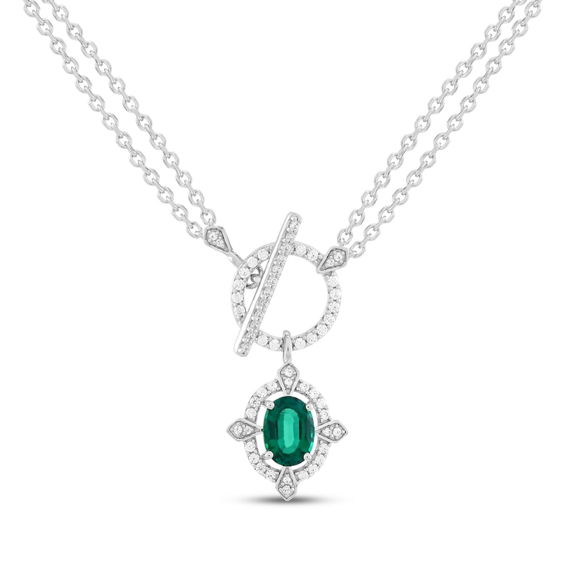 Main Image 1 of Oval-Cut Lab-Created Emerald & White Lab-Created Sapphire Vintage-Inspired Toggle Necklace Sterling Silver 18"