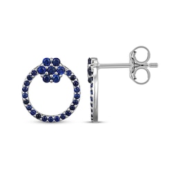 Blue Lab-Created Sapphire Circle & Flower Stud Earrings Sterling Silver
