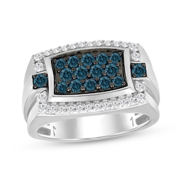 Men's Blue & White Diamond Shield Ring 1 ct tw Sterling Silver