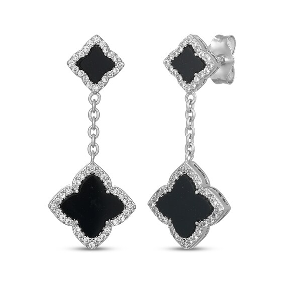 Clover-Shaped Black Onyx & White Lab-Created Sapphire Chain Dangle Earrings Sterling Silver