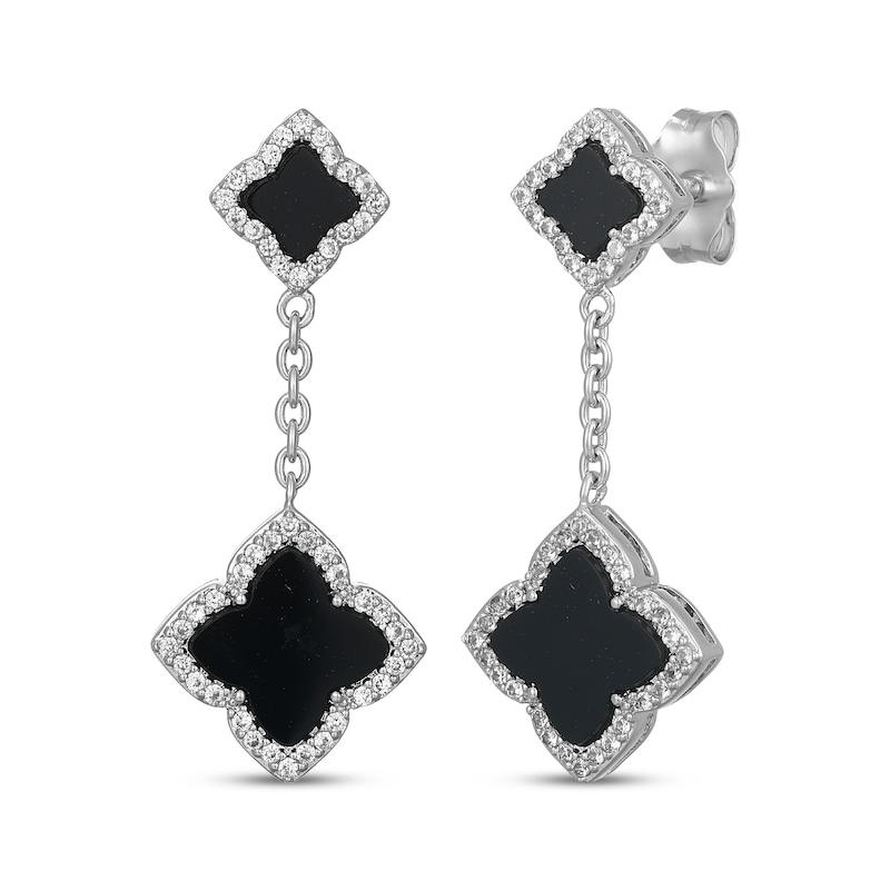 Main Image 1 of Clover-Shaped Black Onyx & White Lab-Created Sapphire Chain Dangle Earrings Sterling Silver