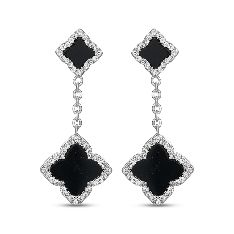 Main Image 2 of Clover-Shaped Black Onyx & White Lab-Created Sapphire Chain Dangle Earrings Sterling Silver