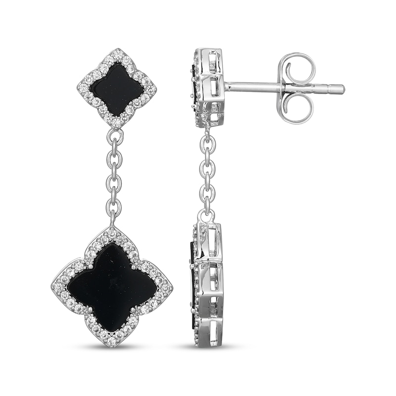 Main Image 3 of Clover-Shaped Black Onyx & White Lab-Created Sapphire Chain Dangle Earrings Sterling Silver