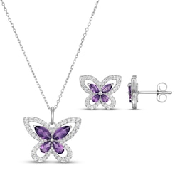 Amethyst & White Lab-Created Sapphire Butterfly Necklace & Stud Earrings Gift Set Sterling Silver