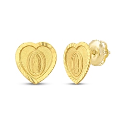 Children's Heart-Shaped Virgin Mary Stud Earrings 14K Yellow Gold
