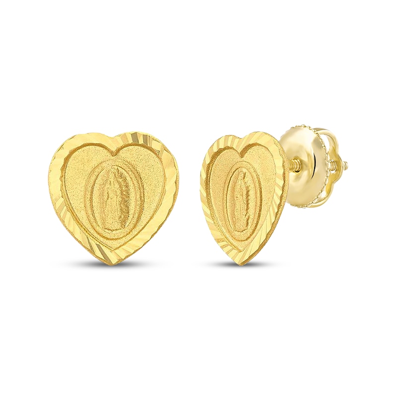 Main Image 1 of Children's Heart-Shaped Virgin Mary Stud Earrings 14K Yellow Gold