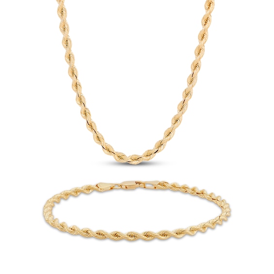 3mm Silk Rope Chain Necklace & Bracelet Set Semi-Solid 10K Yellow Gold