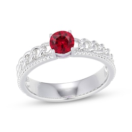 Lab-Created Ruby Solitaire Curb Link Ring Sterling Silver