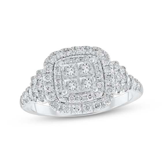 Princess-Cut Quad Diamond Double Halo Engagement Ring 1 ct tw 10K White Gold