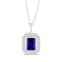 Octagon-Cut Blue Lab-Created Sapphire & White Lab-Created Sapphire Halo Necklace Sterling Silver 18"
