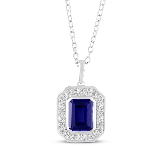 Octagon-Cut Blue Lab-Created Sapphire & White Lab-Created Sapphire Halo Necklace Sterling Silver 18"