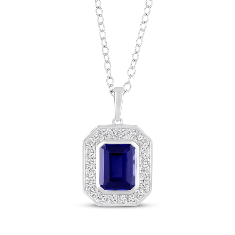 Main Image 1 of Octagon-Cut Blue Lab-Created Sapphire & White Lab-Created Sapphire Halo Necklace Sterling Silver 18"