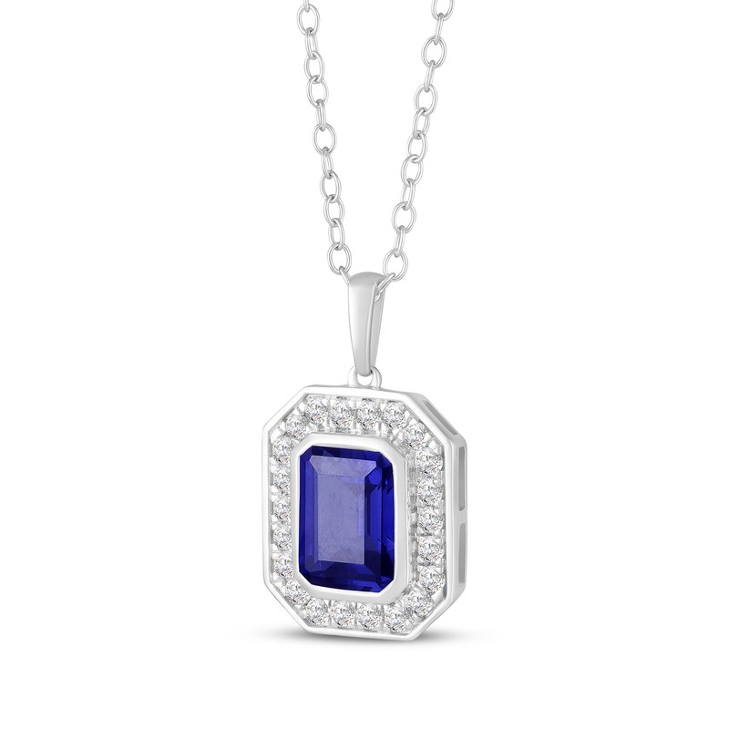Main Image 2 of Octagon-Cut Blue Lab-Created Sapphire & White Lab-Created Sapphire Halo Necklace Sterling Silver 18"