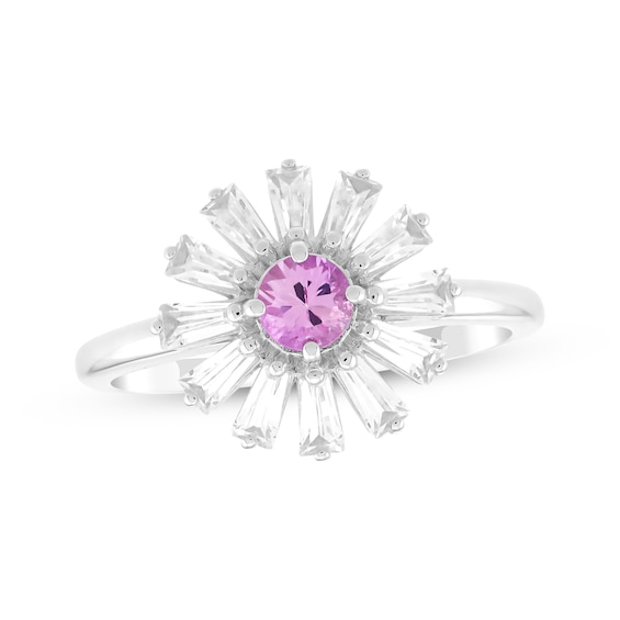 Pink Lab-Created Sapphire & Baguette-Cut White Lab-Created Sapphire Flower Ring Sterling Silver