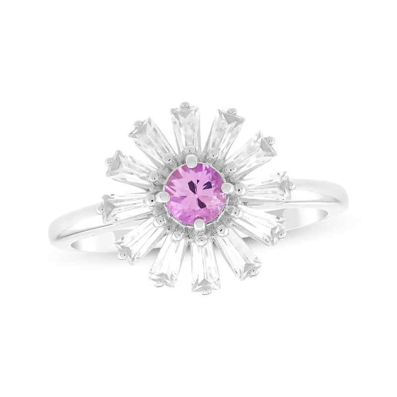 Main Image 1 of Pink Lab-Created Sapphire & Baguette-Cut White Lab-Created Sapphire Flower Ring Sterling Silver