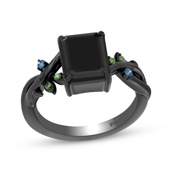 Wicked Octagon-Cut Black Onyx, London Blue Topaz & Green Tourmaline Vine Ring Black Rhodium-Plated Sterling Silver