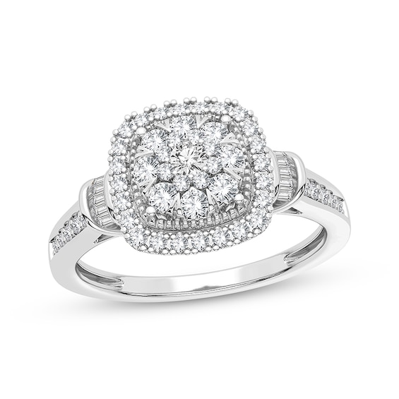 Now + Forever Multi-Diamond Center Cushion Engagement Ring 3/8 ct tw Round & Baguette-cut 10K White Gold