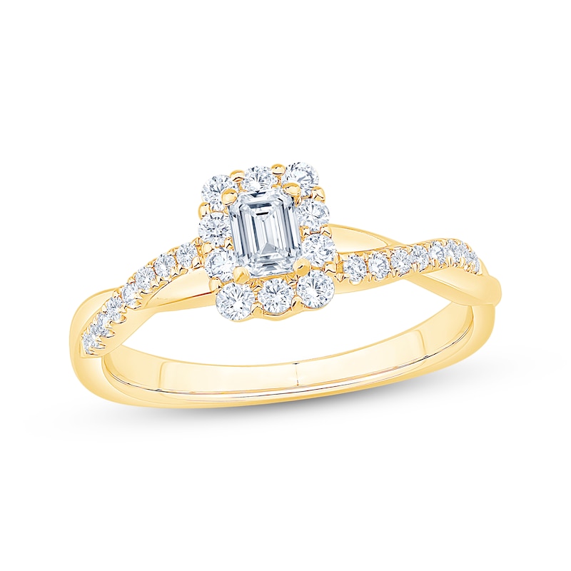 Main Image 1 of Now + Forever Emerald-Cut Diamond Halo Engagement Ring 1/2 ct tw 14K Yellow Gold