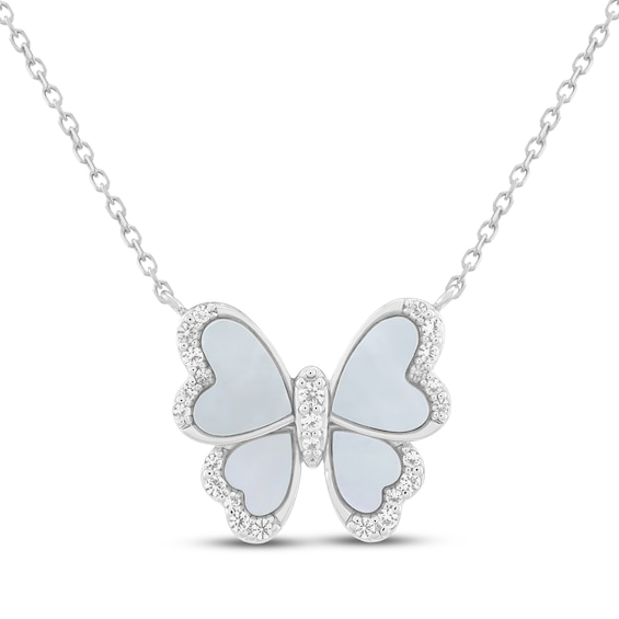 Mother-of-Pearl & White Lab-Created Sapphire Butterfly Necklace Sterling Silver 18"
