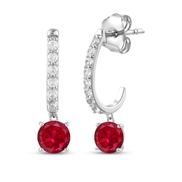 Lab-Created Ruby & White Lab-Created Sapphire J-Hoop Drop Earrings Sterling Silver