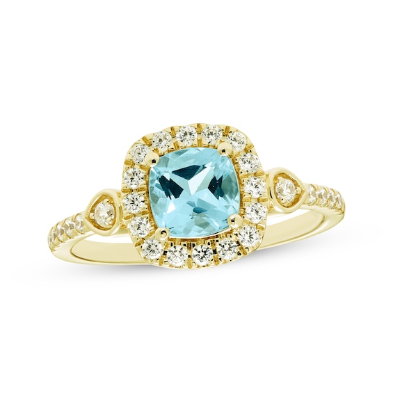 KAY Lab-Grown Diamonds & Cushion-Cut Natural Aquamarine Halo Ring 1/3 ct tw 10K Yellow Gold