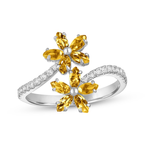 Marquise-Cut Natural Citrine & White Lab-Created Sapphire Flower Bypass Ring Sterling Silver