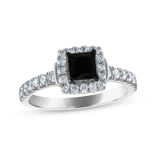 Now + Forever Princess-Cut Black Diamond & Round-Cut White Diamond Engagement Ring 1-1/5 ct tw 14K White Gold