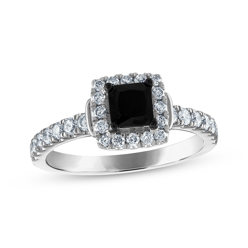 Princess-Cut Black Diamond & Round-Cut White Diamond Engagement Ring 1-1/5 ct tw 14K White Gold