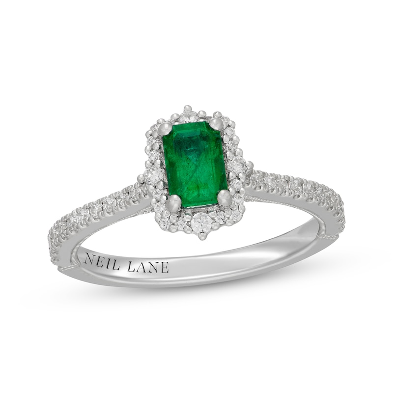 Main Image 4 of Neil Lane Emerald-Cut Natural Emerald & Diamond Halo Engagement Ring 3/8 ct tw 14K White Gold