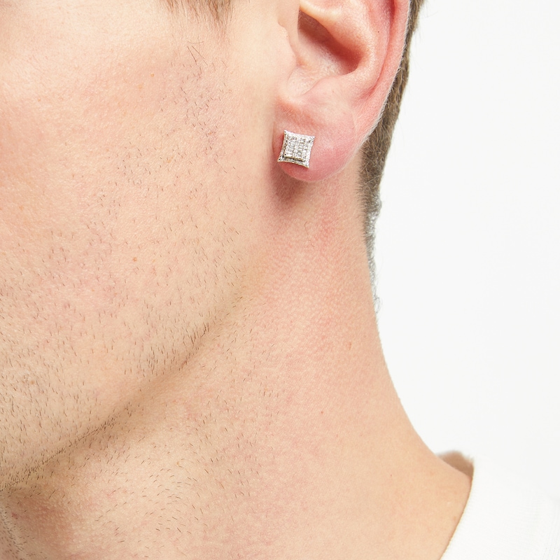 Main Image 4 of Men's Baguette & Round-Cut Diamond Greek Key Stud Earrings 1/4 ct tw 10K Yellow Gold