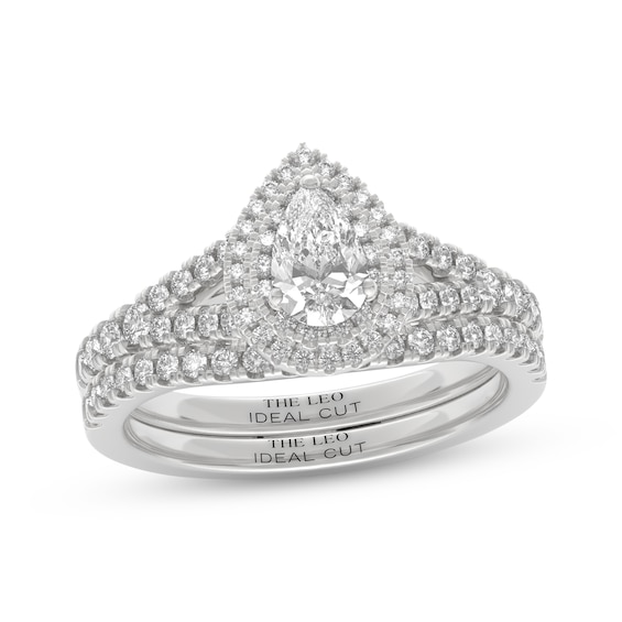 THE LEO Ideal Cut Diamond Pear-Shaped Double Halo Bridal Set 1 ct tw 14K White Gold