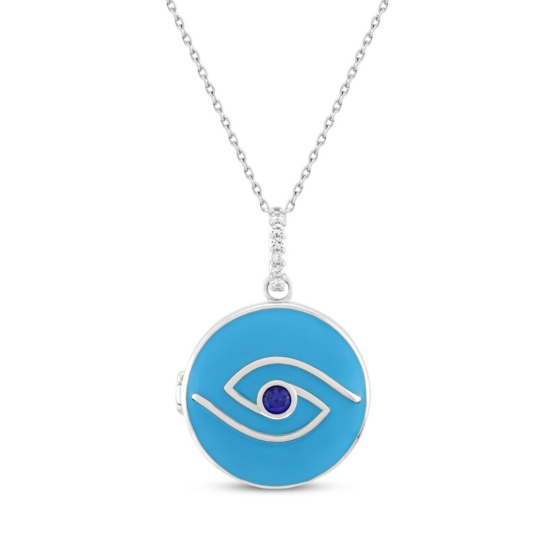 Main Image 1 of Blue Lab-Created Sapphire & Enamel Evil Eye Locket Necklace Sterling Silver 18"