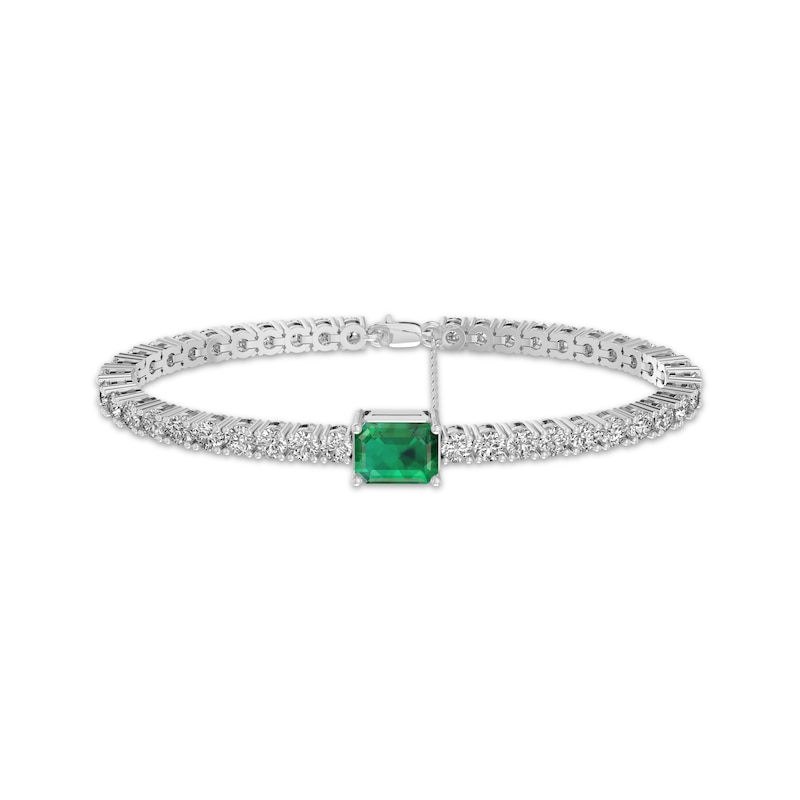 Main Image 1 of Octagon-Cut Lab-Created Emerald & White Lab-Created Sapphire Bracelet Sterling Silver 8"